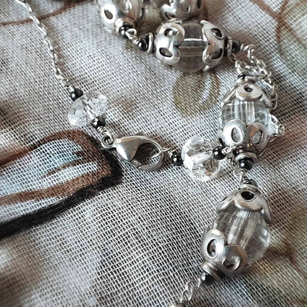 Vintage Rosary Clear Oval Faceted Glass Threaded Chain Silver Tone Necklace